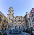 View at the front facade at the Malaga Cathedral or Santa Iglesia Catedral BasÃÂ­lica de la EncarnaciÃÂ³n, and Obispo square with