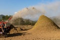 The harvester machine is harvesting ripe rice crops in the fields. Rice straw flowing in an agriculture field Royalty Free Stock Photo