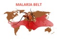 Malaria belt conceptual illustration. The mosquito is sucking blood from the blood stain on the world map