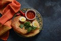 Malawach with hard boiled eggs and tomatoes. Malawach or malawah: traditional fried bread of Yemenite Jews