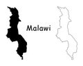 Malawi Country Map. Black silhouette and outline isolated on white background. EPS Vector
