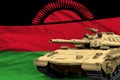 Malawi modern tank with not real design on the flag background - tank army forces concept, military 3D Illustration