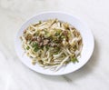 Malaysia Chinese dish, seasoned bean sprouts with spring onion, fried onion garlic, on blank marble table, vegetarian, food. Royalty Free Stock Photo