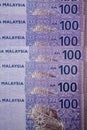 Malaysia currency of Malaysian ringgit banknotes background. Paper money of hundred ringgit notes on etreme closeup. Financial