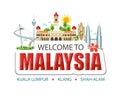 Malaysia emblem lettering sights symbols culture landmark architecture building illustration