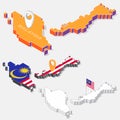 Malaysia flag on map element with 3D isometric shape isolated on background