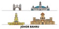Malaysia, Johor Bahru flat landmarks vector illustration. Malaysia, Johor Bahru line city with famous travel sights