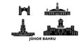 Malaysia, Johor Bahru flat travel skyline set. Malaysia, Johor Bahru black city vector illustration, symbol, travel