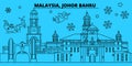 Malaysia, Johor Bahru winter holidays skyline. Merry Christmas, Happy New Year decorated banner with Santa Claus