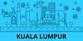 Malaysia, Kuala lumpur winter holidays skyline. Merry Christmas, Happy New Year decorated banner with Santa Claus