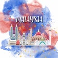 Malaysia Landmark Global Travel And Journey watercolor background. Vector Design Template.used for your advertisement, book, Royalty Free Stock Photo