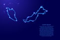 Malaysia map from the contour classic blue color brush lines different thickness and glowing stars on dark background. Vector