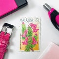 A Malaysia postage stamp. Highland Flowers of Malaysia Series II , Rhododendron erocoides. Royalty Free Stock Photo