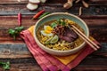 Malaysia Spicy Noodle Mee Rebus With Beef Egg and fried onion, copy space