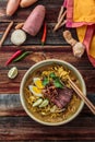 Malaysia Spicy Noodle Mee Rebus With Beef Egg and fried onion, copy space Royalty Free Stock Photo