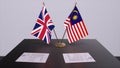 Malaysia and UK flag. Politics concept, partner deal beetween countries. Partnership agreement of governments 3D