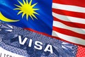 Malaysia Visa Document, with Malaysia flag in background. Malaysia flag with Close up text VISA on USA visa stamp in passport,3D Royalty Free Stock Photo