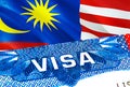 Malaysia Visa. Travel to Malaysia focusing on word VISA, 3D rendering. Malaysia immigrate concept with visa in passport. Malaysia Royalty Free Stock Photo