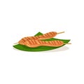 Malaysian chicken satay on wooden sticks. Traditional Asian barbecue on banana leaf. Street food. Flat vector design Royalty Free Stock Photo