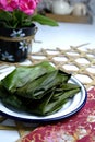 Malaysian homemade traditional food called kuih lepat pisang wrapped in banana leaves, for iftar