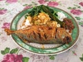 Malaysian mixed rice or `Nasi Campur` served on a plastic plate