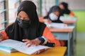 Malaysian students wear face shields and facemasks in classroomfor protect from Covid -19. New normal education