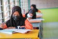 Malaysian students wear face shields and facemasks in classroomfor protect from Covid -19. New normal education