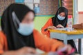 Malaysian students wear face shields and facemasks in classroomfor protect from Covid -19. New normal education