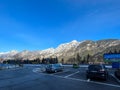 Malborghetto-Valbruna, Italy - 03.02.2023: View from the parking lot of the snow-capped mountains in Malborghetto-Valbruna