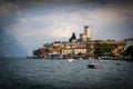 Lake Garda Italy boats, Malcesine Castle and old town Royalty Free Stock Photo