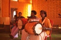 Malda, India- September 27th, 2017: Three adult man playing dhak & dhol regional music instrument in religion festival of hindu