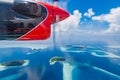 Maldives aerial view from a seaplane. Islands and atoll in blue sea. Royalty Free Stock Photo
