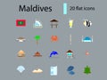 Maldives attractions flat icons set. National attributes. Tropical resort. Capital Male. Isolated vector illustration