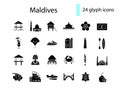 Maldives attractions glyph icons set. National attributes. Tropical resort. Coral islands. Isolated vector illustration