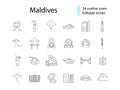 Maldives attractions outline icons set. National attributes. Editable stroke. Isolated vector illustration