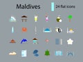 Maldives attributes flat icons set. Tropical resort guide. Isolated vector stock illustration
