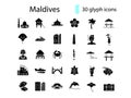 Maldives attributes glyph icons set. Palm and famous Male buildings. Tropical resort guide. Isolated vector illustration