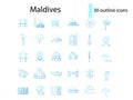 Maldives attributes outline icons set. Tropical resort guide. Blue gradient symbol. Isolated vector illustration