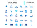 Maldives attributes outline icons set. Tropical resort guide. Color symbols collection. Isolated vector illustration