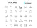 Maldives attributes outline icons set. Tropical resort guide. Editable stroke. Isolated vector stock illustration
