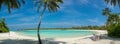 Maldives beach panorama view with breakfast setup Royalty Free Stock Photo