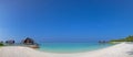 Maldives beach panorama view with water bungalos near the ocean