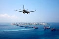 Passenger jet airliner plane arriving or departing Maldives