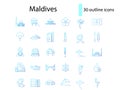 Maldives culture outline icons set. Exotic travel guide. Tropical resort. Water bungalow. Isolated vector illustration