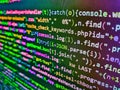 Maldives flag  is depicted on the screen with the program code. Binary digits code editing. Shallow Depth of Field effect. Tweed Royalty Free Stock Photo