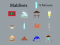 Maldives flat icons set. Tropical attributes. Beach resort. Maldives attraction. Isolated vector illustration