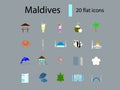 Maldives flat icons set. Tropical resort. Water bungalow and coctail. Isolated vector stock illustration