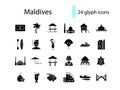 Maldives glyph icons set. Tropical attributes, guide. Beach resort. Country attraction. Isolated vector illustration