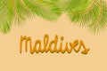 Maldives handwritten text, green palm leaves yellow background, poster banner card template