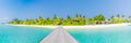 Maldives island beach panorama. Palm trees and beach bar and long wooden pier pathway. Tropical vacation and summer holiday banner Royalty Free Stock Photo